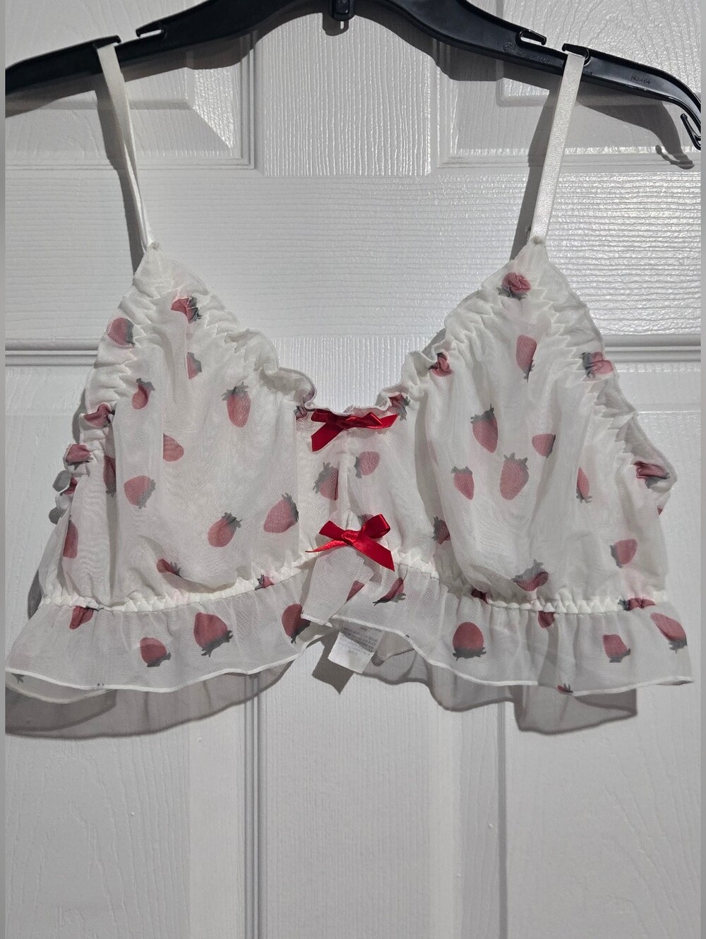 Strawberry Print Cropped Bralette - White & Pink
